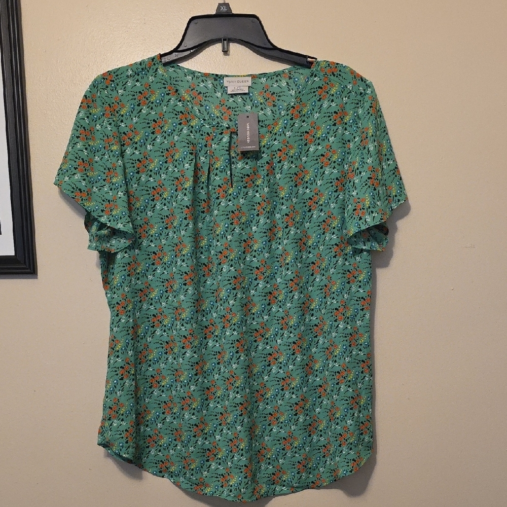 Cato Green Relaxed Ruffled Short Sleeve Blouse